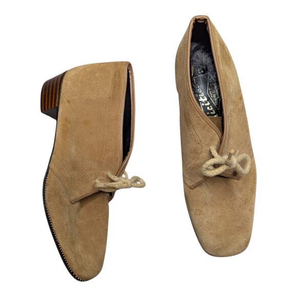 Vtg 1970s Felicities Tan Suede Square Toe Block Heel Lace-Up Chukka Boots 7.5 - Picture 1 of 7